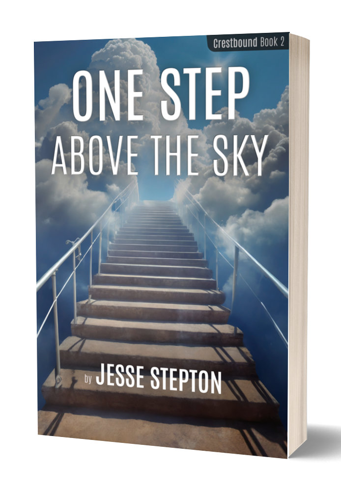 Photo of the book One Step Above the Sky by Jesse Stepton. The cover shows a staircase ascending into clouds.