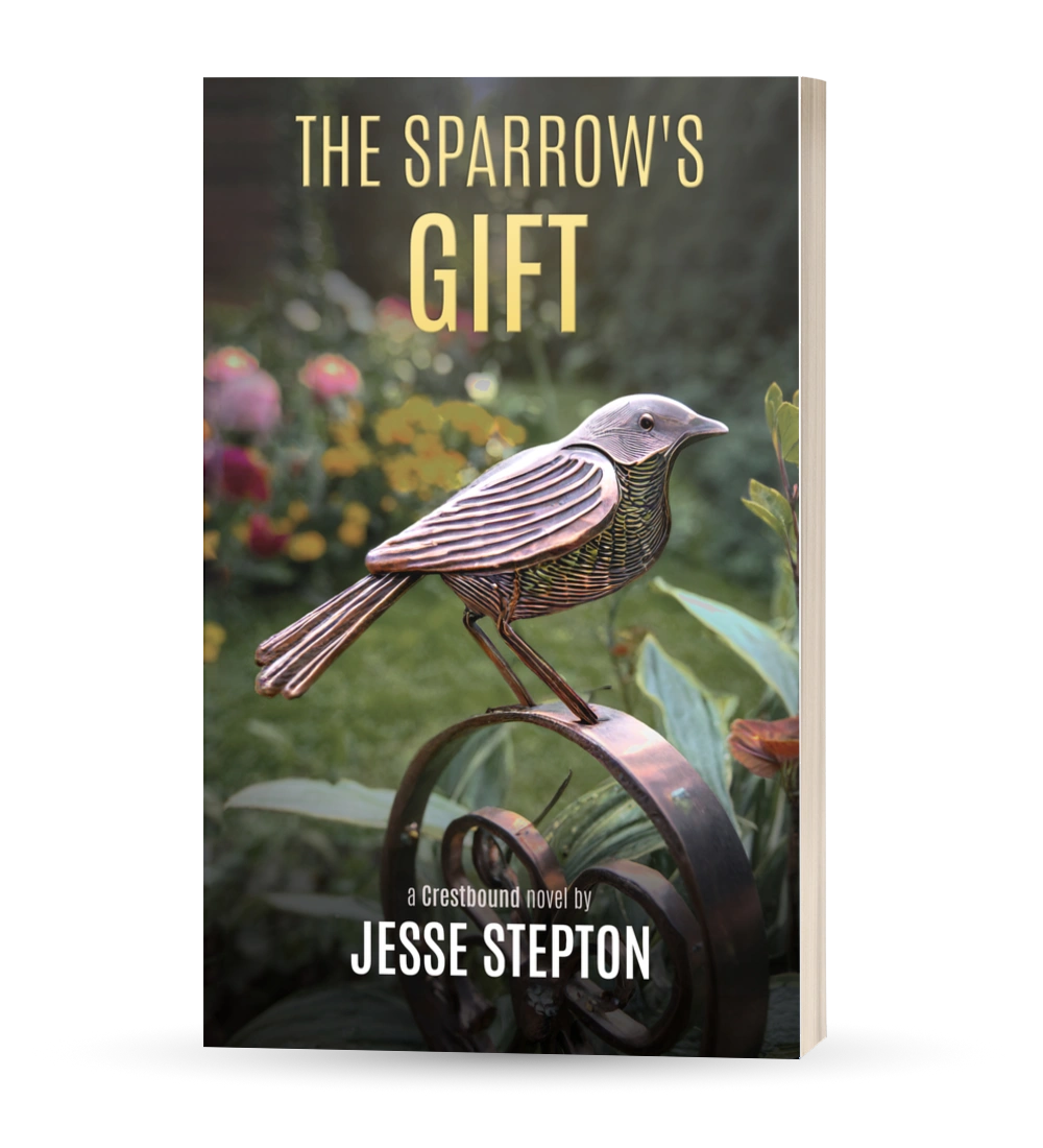 Photo of the book The Sparrow's Gift by Jesse Stepton. The cover shows a metal scuplture of a bird.