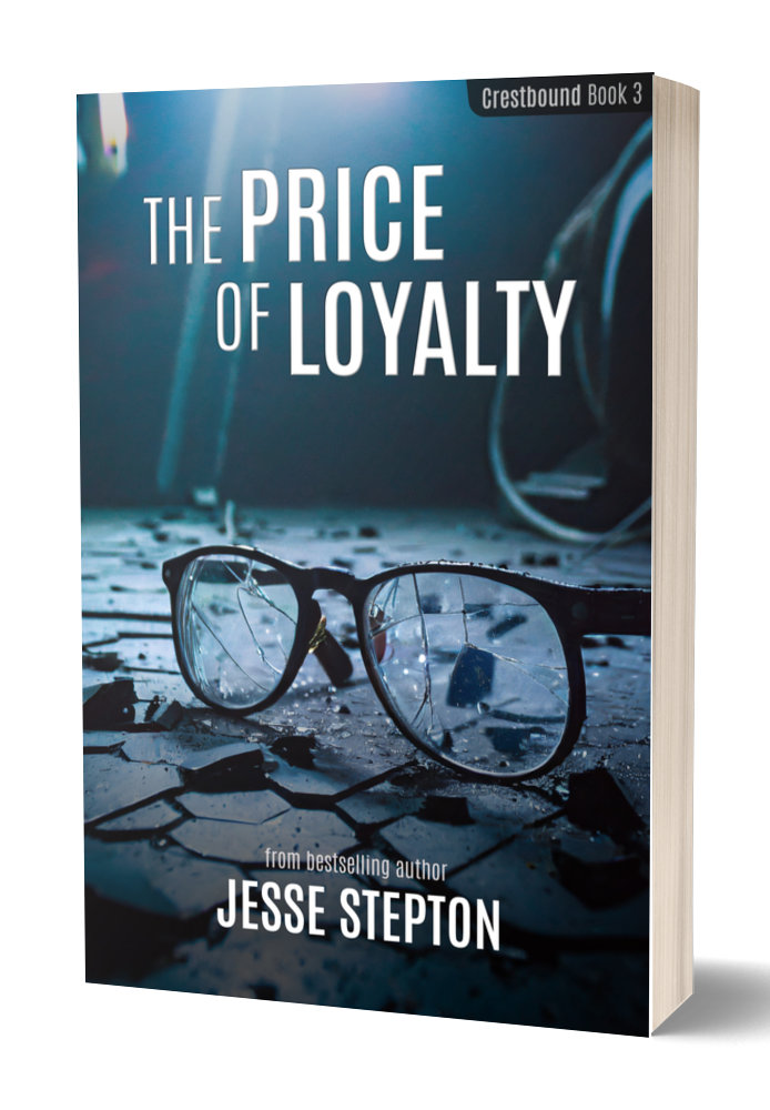 Photo of the book The Price of Loyalty by Jesse Stepton. The cover shows broken glasses on a tile floor.