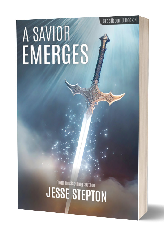 Photo of the book A Savior Emerges by Jesse Stepton. The cover shows a silver sword.