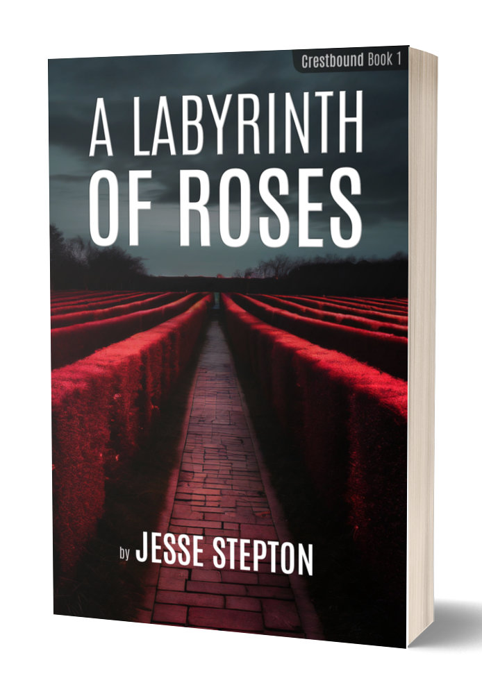 Photo of the book A Labyrinth of Roses by Jesse Stepton. The cover shows a red hedge maze.